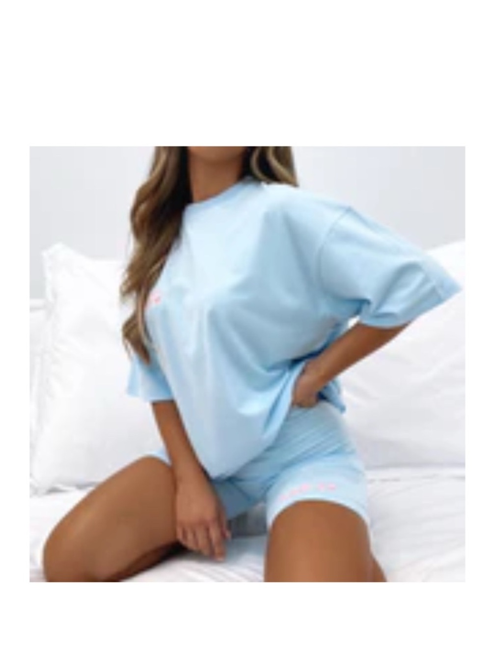 White Fox Boutique baby blue oversized shirt and bike shorts set